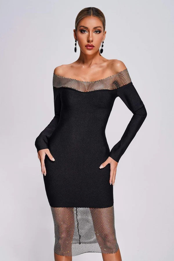 Mesh Diamond Bandage Dress Sexy Tight New Long Sleeve Bag Hip Hollow One Shoulder Evening Dress