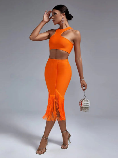 Bandage Two Piece Set Top and Skirt Women Elegant Sexy Fringed Orange 2 Piece Set Birthday Evening Party Club Outfits Summer