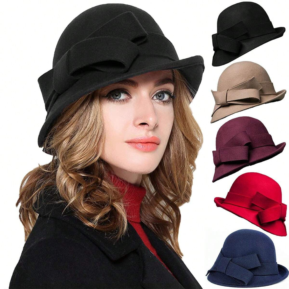 Women's French-style Elegant Retro Woolen Bowler Hat Curling Bow