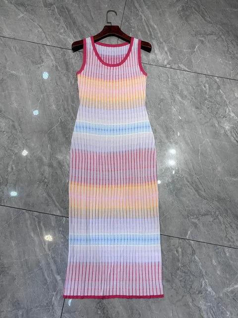 Striped sleeveless summer contrasting round neck wrapped buttocks knitted dress for women