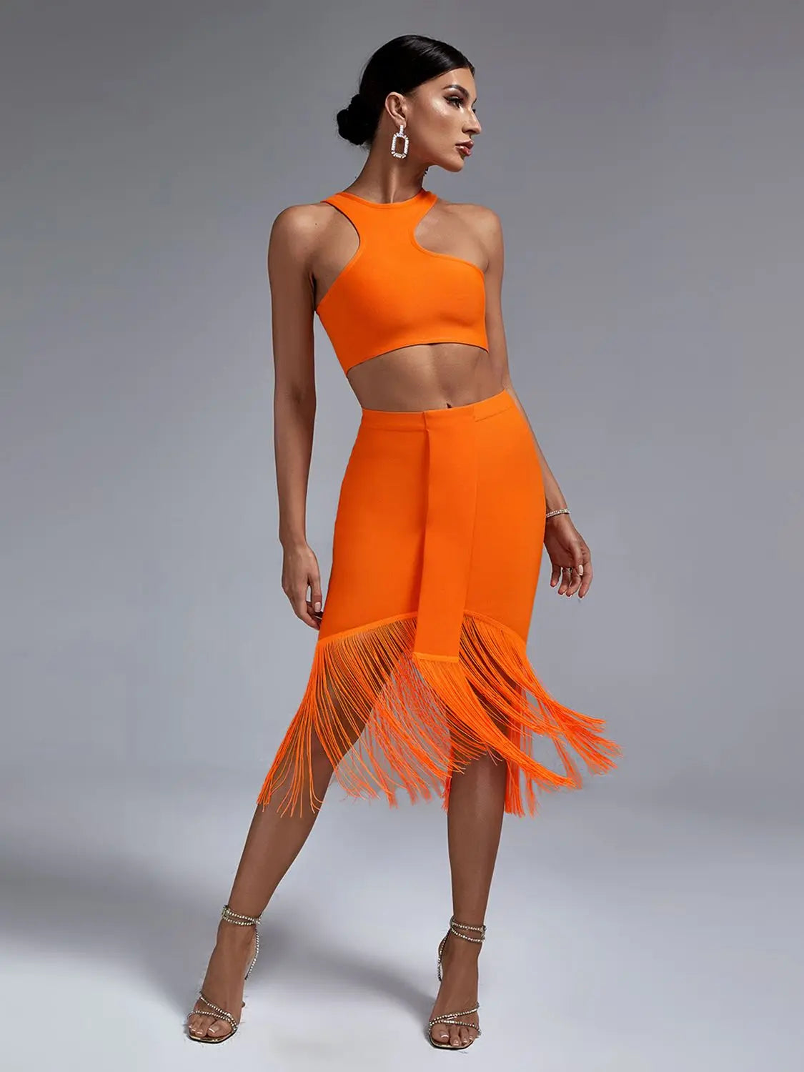 Bandage Two Piece Set Top and Skirt Women Elegant Sexy Fringed Orange 2 Piece Set Birthday Evening Party Club Outfits Summer