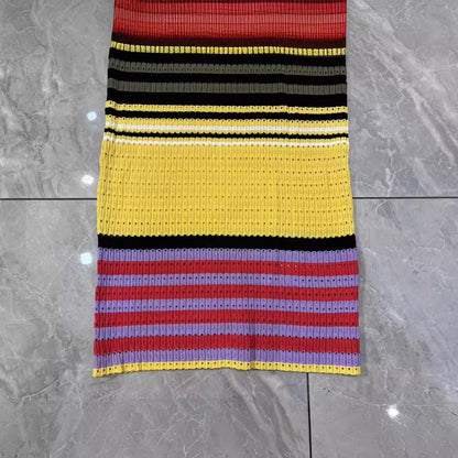 Colorful horizontal striped jacquard woven slim fitting sleeveless knitted dress