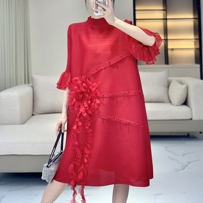 High end Heavy Industry Wrinkle Dress New Small Mom Spring/Summer Style Skirt Fat MM Large Female