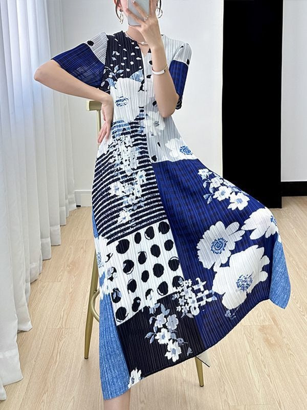 Temperament V-neck Short-sleeved Printed Long Skirt Waist Slim Magic Pleated Dress Female