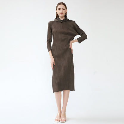 Spring new pleated a-line long skirt solid color long sleeve slim hooded dress winter female design