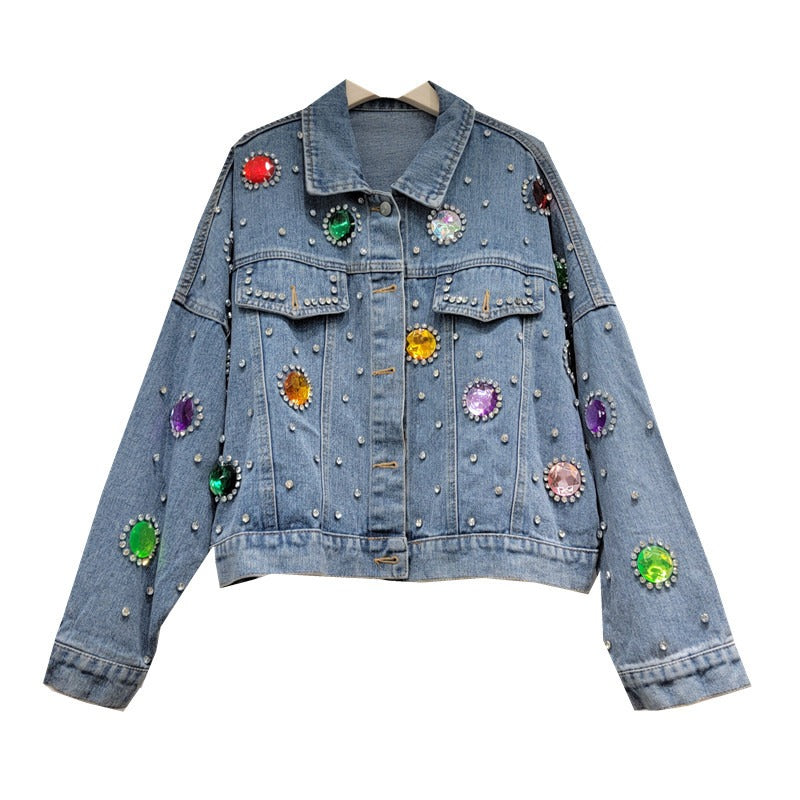 Colorful diamond denim jacket women's loose jacket cardigan short top