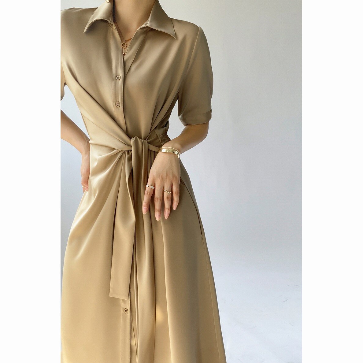 New French Light Luxury Senior Sense Of Temperament Waist-Skimming Acetate Satin Texture Shirt Dress