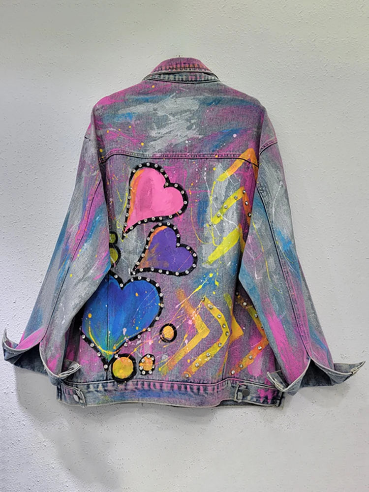 Women Denim Coat Colorful Heart Shaped Graffiti Hand Drawn Diamonds Single Breasted Jackets  Autumn New Fashion