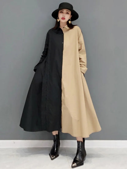 Contrast Color Shirt Dress For Women Fashion Patchwork Lapel Full Sleeve Loose A-line Vestido Autumn New