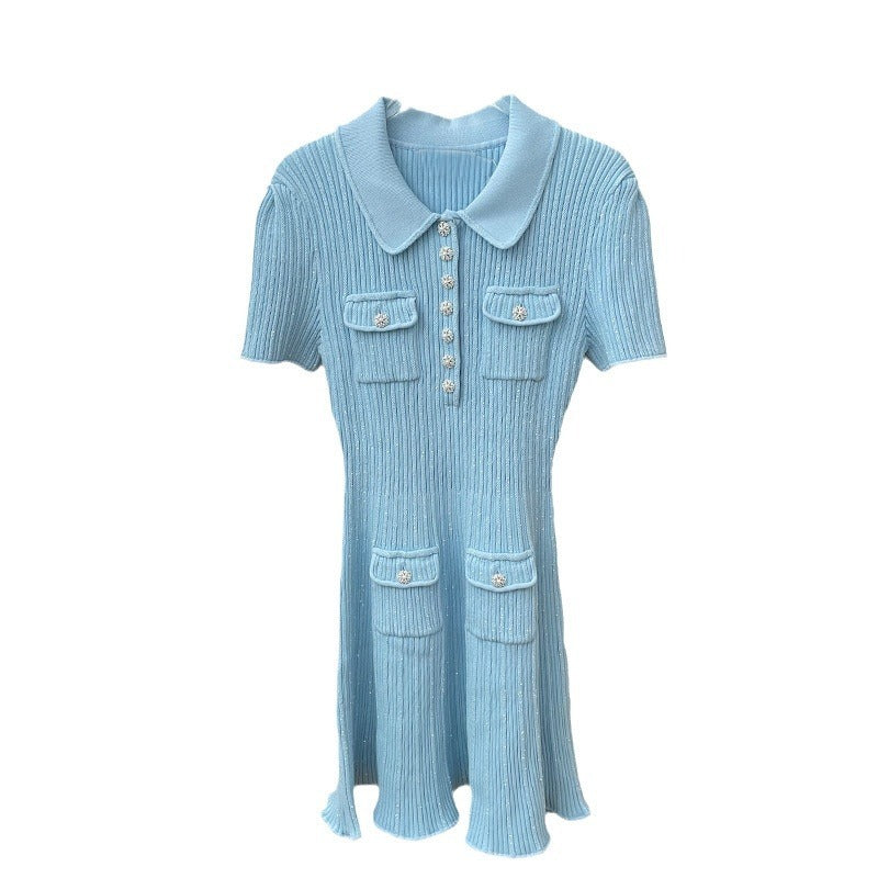 Haze Blue Thread Knitted Diamond Button Flip Collar Short sleeved Dress