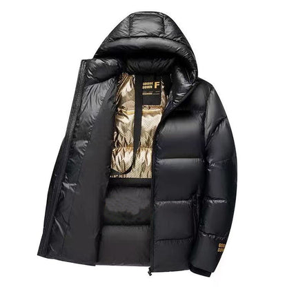 Down jacket short, warm white duck down, unisex, thick black gold down jacket jacket