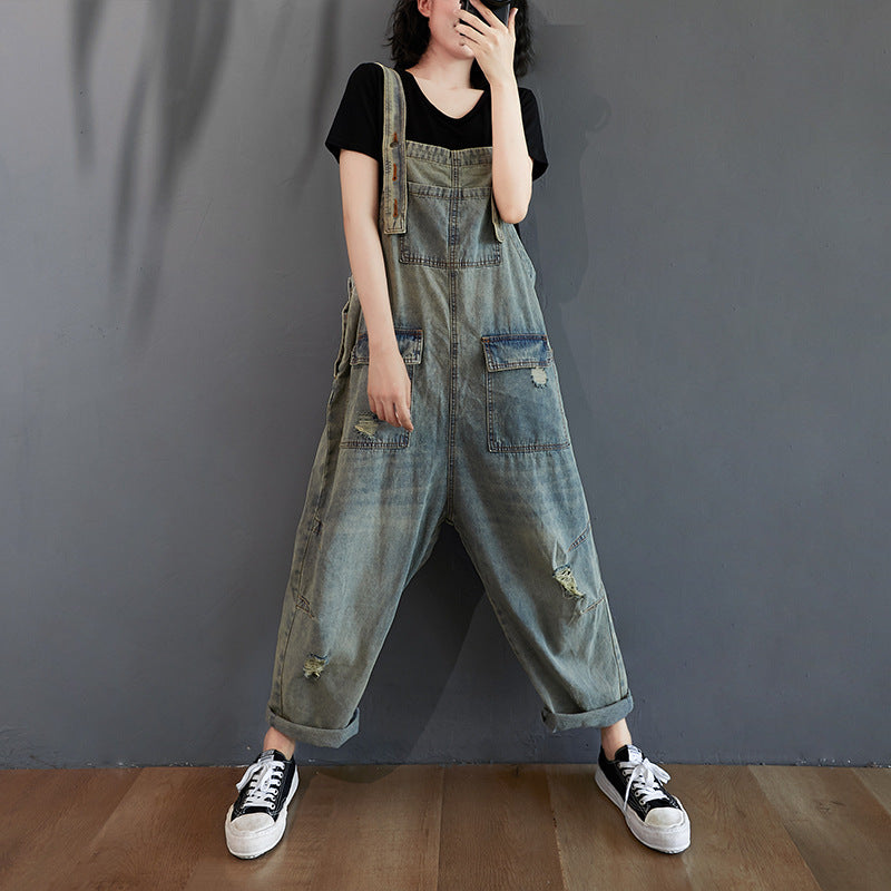 Women's Summer Retro Nostalgic Ripped Denim Overalls