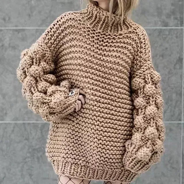 New autumn and winter fashionable sweaters with knitted pom-poms and lantern sleeves