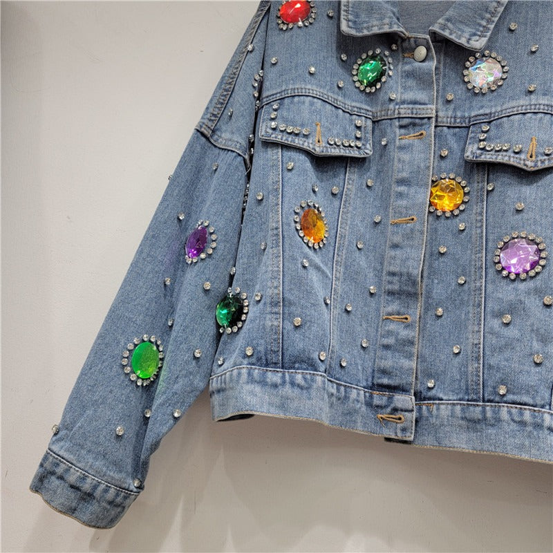 Colorful diamond denim jacket women's loose jacket cardigan short top