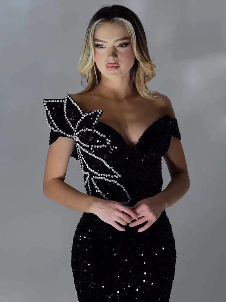 Flash Diamond Blade V-Neck Off Shoulder Black Sequin Dress