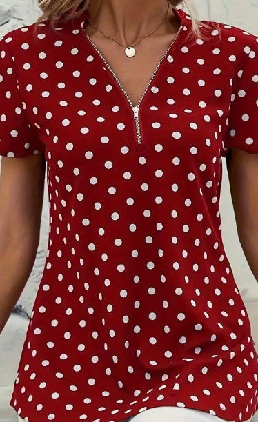 Polka Dots Print V Neck Blouse, Elegant Zipper Front Short Sleeve Blouse For Spring & Summer, Women's Clothing