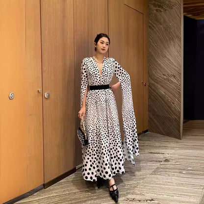 V-neck polka dot printed slit long sleeved dress long skirt women's dress