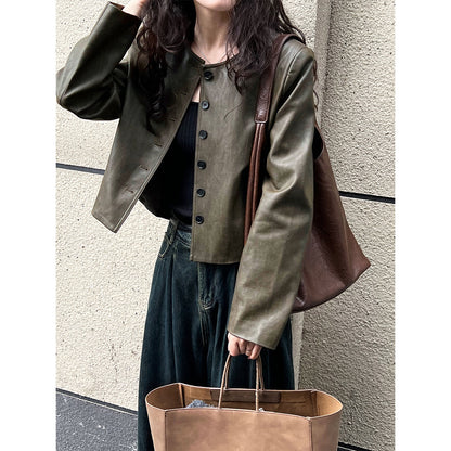 Vintage round neck PU leather jacket women's green single breasted jacket top