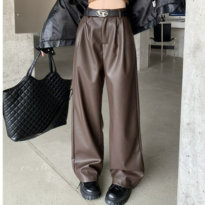 Spring Autumn Loose Casual Soft Black Burgundy Pu Leather Wide Leg Pants for Women High Waist Korean Style Fashion