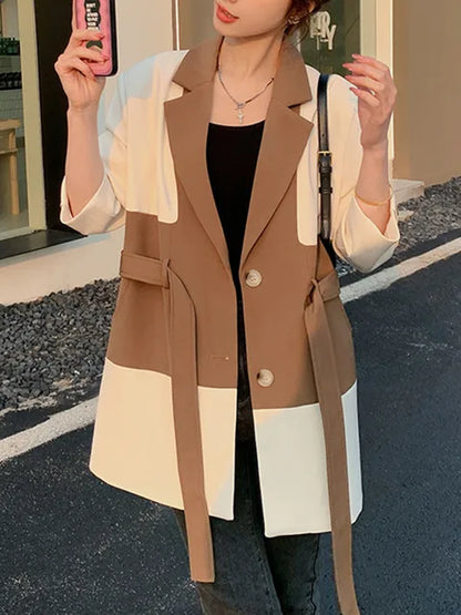 Color Block Laple Blazer Coat Women Full Sleeve Single Breasted Belt Casual New Versatile  Female Loose