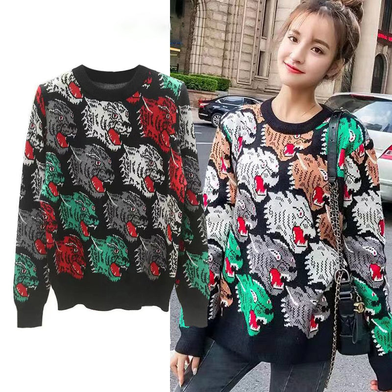 Knitted Sweater Pullovers Women High Street Casual Animal Tiger Korean Fashion Autumn Winter Knitwear Pull Femme Clothes