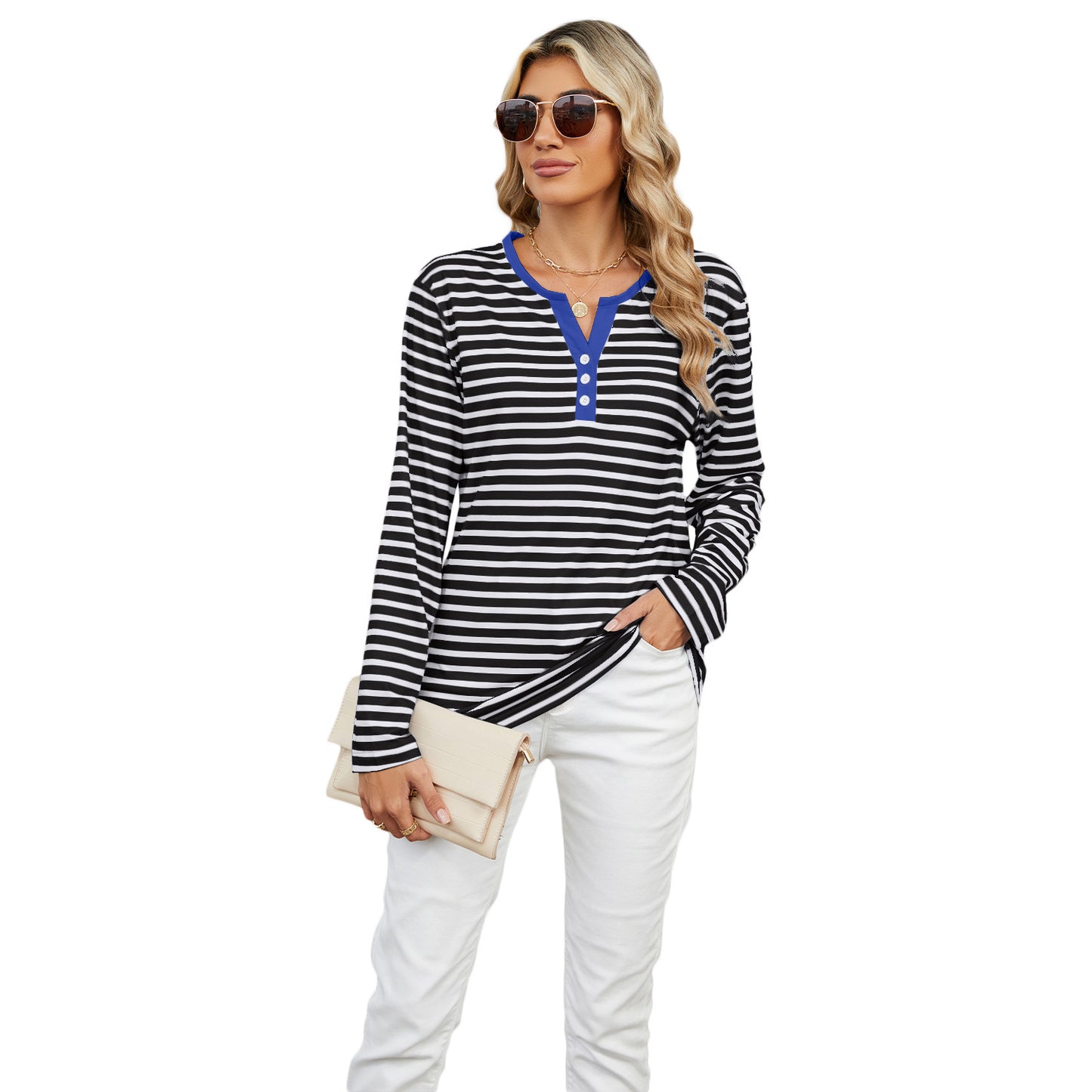 Women's V-neck Striped Loose Long-sleeved T-shirt Top