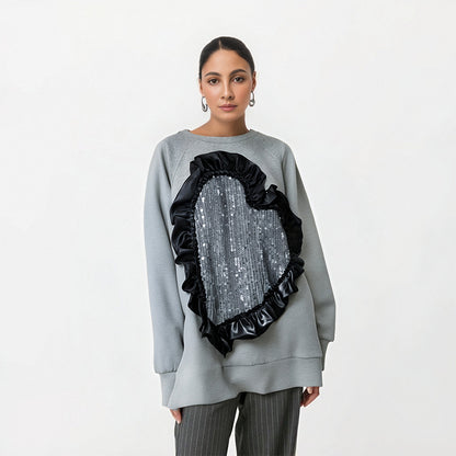 European and American fashion round neck heart-shaped sequin splicing loose long sleeved sweatshirt for women's fashion