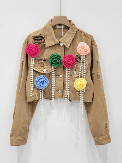 Fashion Trendy Women's Spliced Colorful Flower Diamonds Tassel Denim Coat  Summer New Lapel Jacket