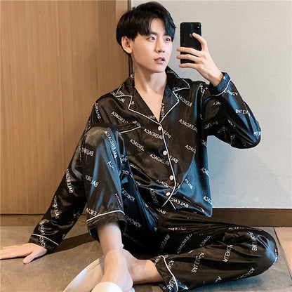 Ice silk long sleeved pajamas for men and men simulated silk plus size home suit set