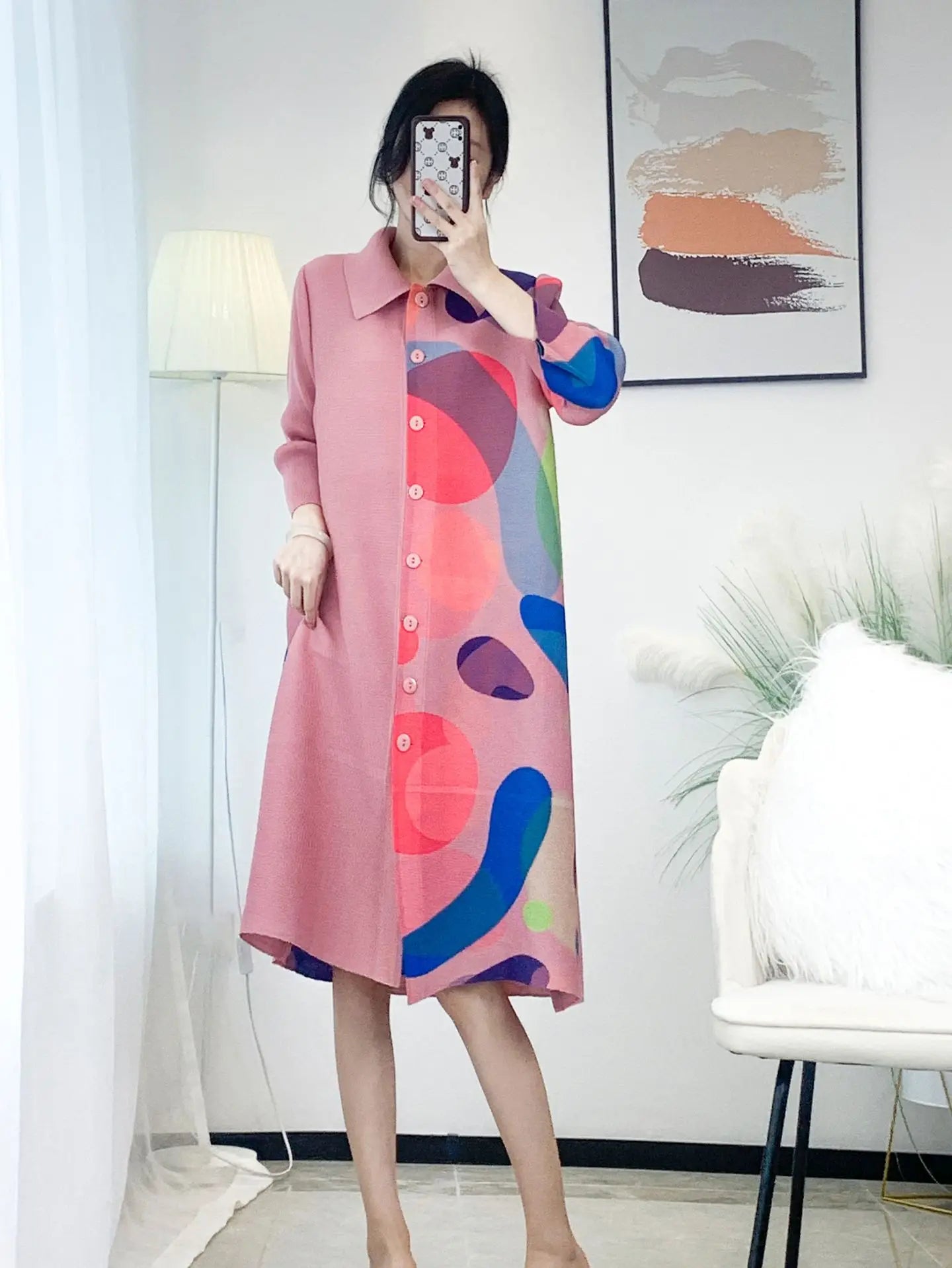 Pleated Single Breasted Dress Women Spring Summer New Korean Fashion Printed Cardigan Loose Plus Size Long Coats