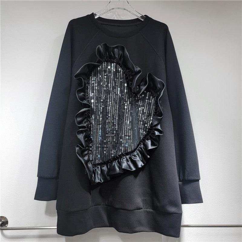 European and American fashion round neck heart-shaped sequin splicing loose long sleeved sweatshirt for women's fashion