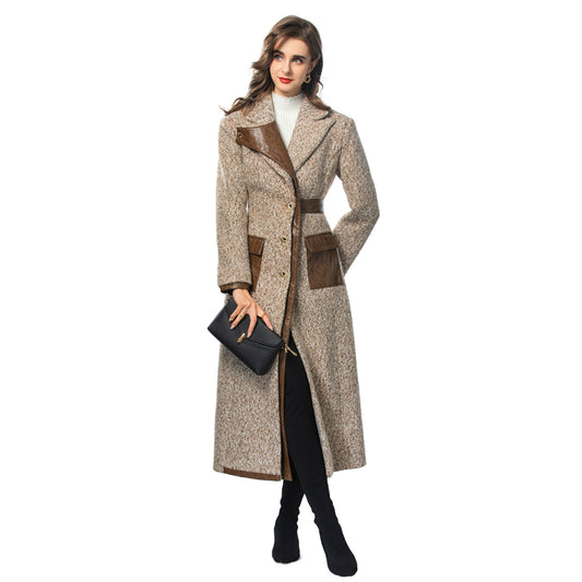 Retro lapel fur roll PU splicing single breasted long women's trench coat jacket