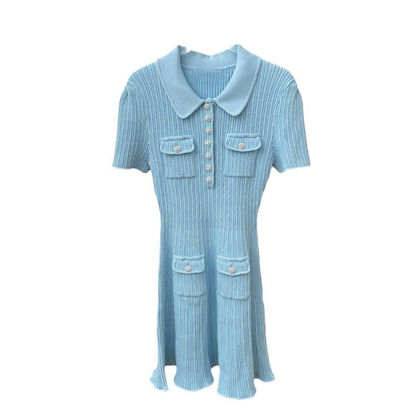 Early spring haze blue fragrance temperament wind thread knitted diamond button lapel short sleeved dress