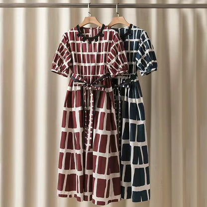 Early Autumn New Cotton Geometric Round Neck Short Sleeve Waist Dress Fashionable