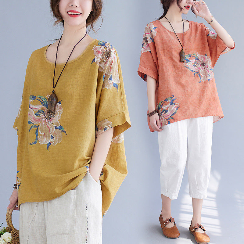 Korean Cotton Hemp Fat Mm Half Sleeve Top Summer