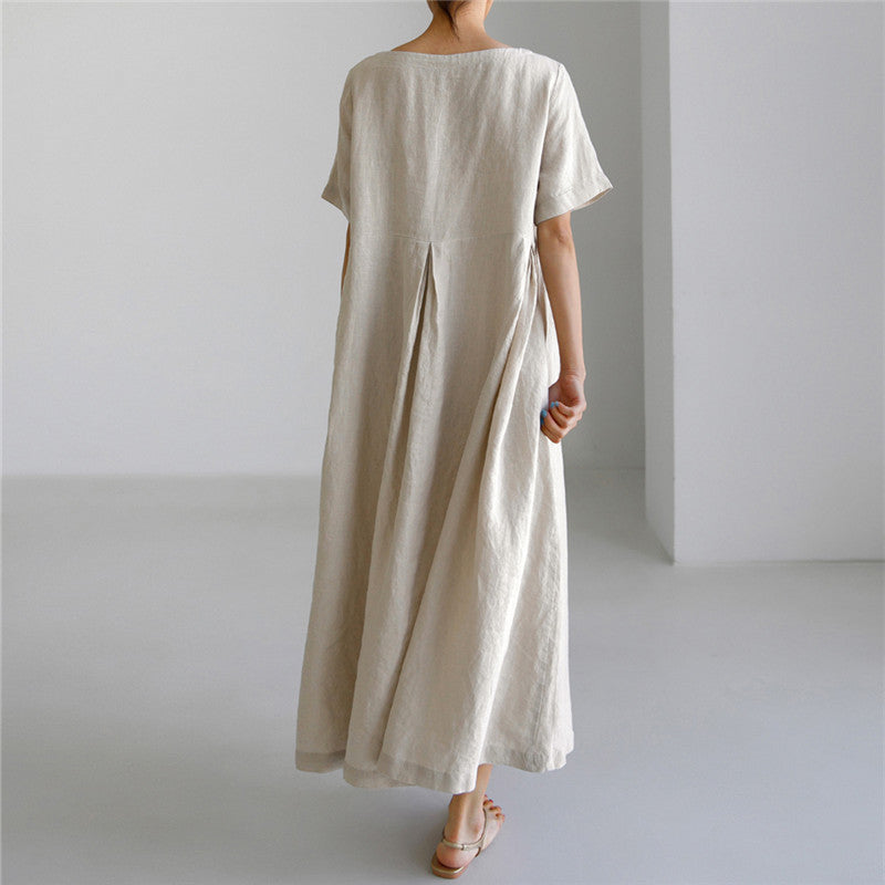 Loose Cotton And Linen Pullover Round Neck Dress