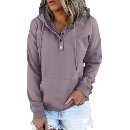 Long-sleeved Hooded Sweatshirt With Pockets Fashion Casual Button Drawstring Design Hoodie Top Spring And Autumn Sports Clothing For Women