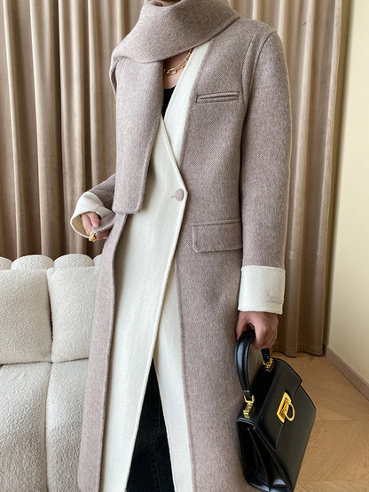 Gray Color-block With Scard Big Size Woolen Coat New V-neck Long Sleeve Women Jacket Fashion Autumn Winter