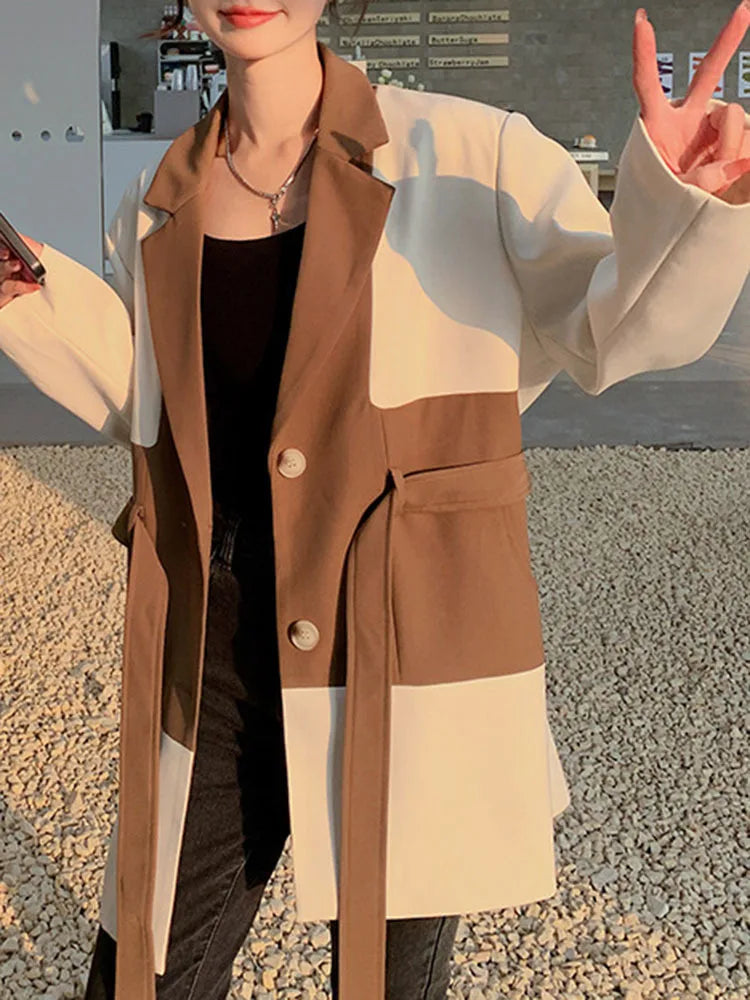 Color Block Laple Blazer Coat Women Full Sleeve Single Breasted Belt Casual New Versatile  Female Loose