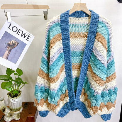 Knitted knit sweater paired with cardigan medium to long loose color blocked top for women in autumn and winter