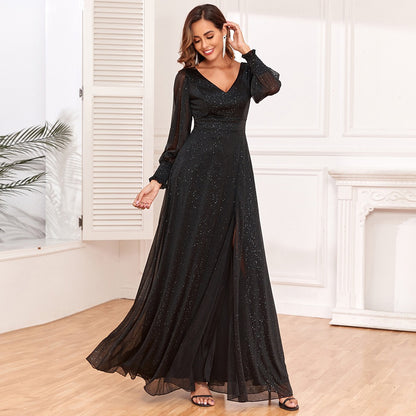 Trendy Luxury Evening Dresses Tulle Long Sleeve V-neck Split A-line Lined prom dresses Shiny Black Bridesmaid Dresses