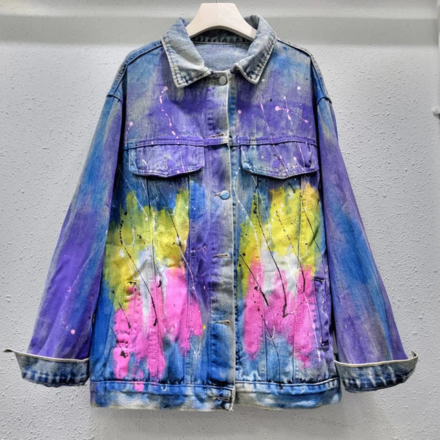 Hand drawn graffiti denim jacket women's colorful diamond studded pearl jacket