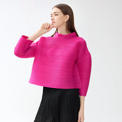 Long-sleeved women's designer tops Spring new solid color loose stand-up collar pleated casual sleeve t-shirt for women