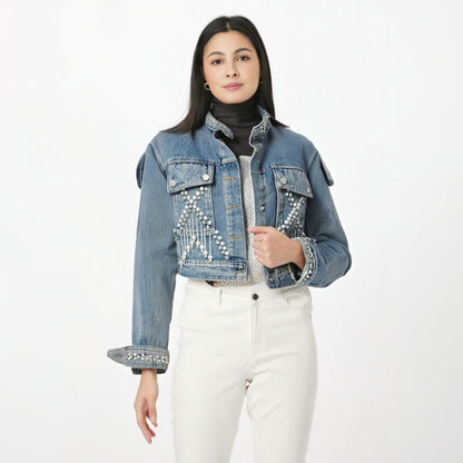 Nail pearl studded diamond fringed denim jacket for women