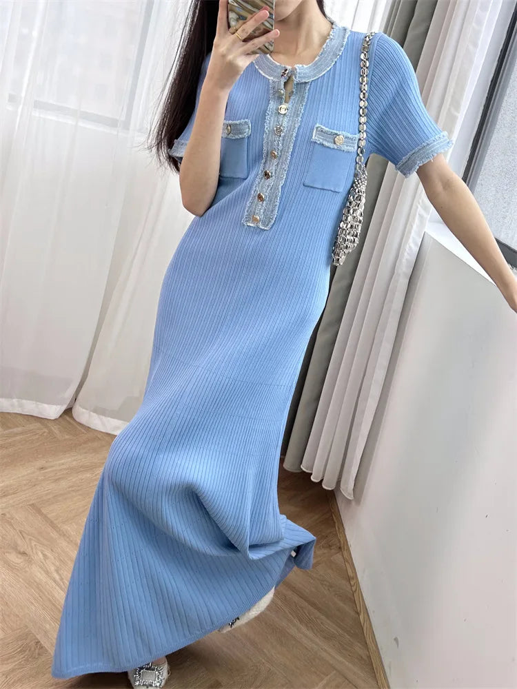 Elastic slim fit round neck button up long knit dress