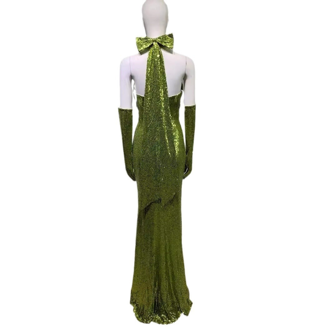 Elegant backless halterneck sexy sequined green elegant hollow bodycon floor length dress party party dress