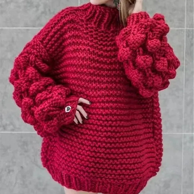 New autumn and winter fashionable sweaters with knitted pom-poms and lantern sleeves