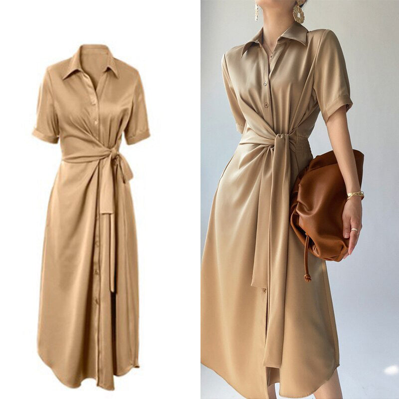 New French Light Luxury Senior Sense Of Temperament Waist-Skimming Acetate Satin Texture Shirt Dress