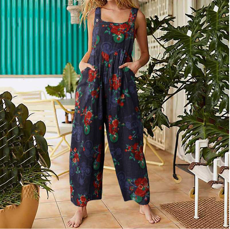 Patchwork Printed Button Suspender Jumpsuit