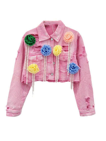 Fashion Trendy Women's Spliced Colorful Flower Diamonds Tassel Denim Coat  Summer New Lapel Jacket